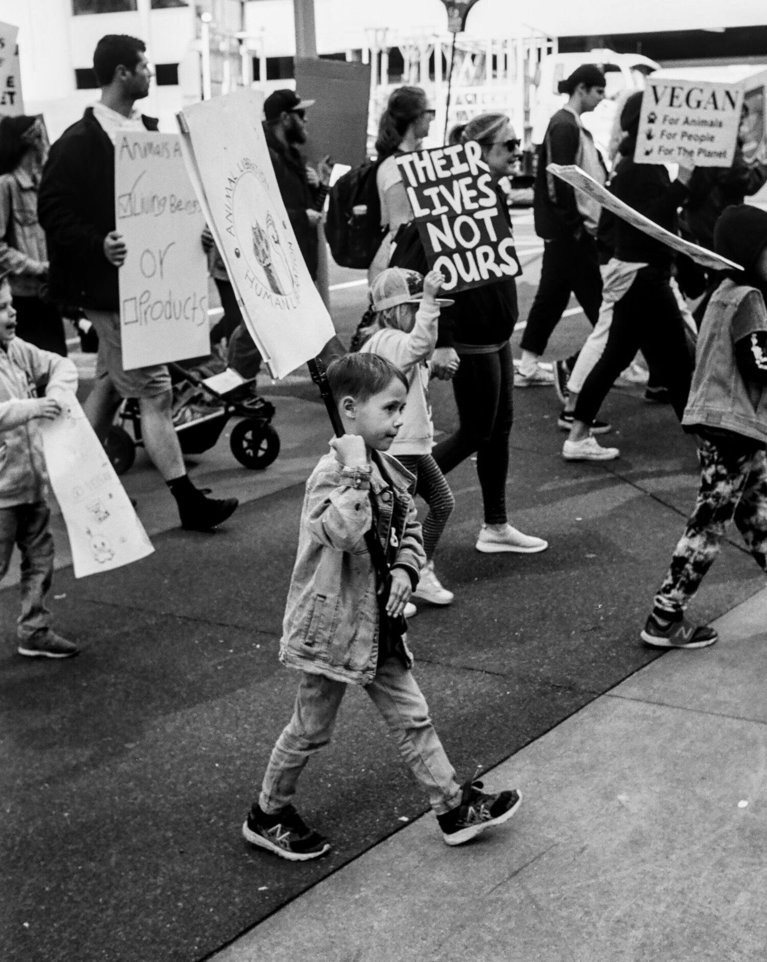 A ten year old boy marches in a crowd holding an Animal Liberation sign